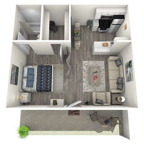 a 3d floor plan of a 1 bedroom apartment